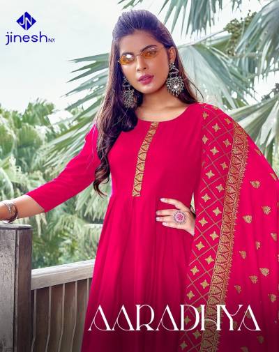 Aaradhya By Jinesh Nx Foil Printed Rayon Kurti With Dupatta Collection